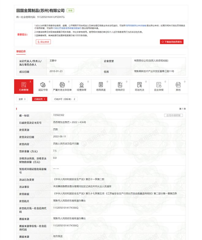 园国金属制品(苏州)有限公司违开云APP 开云官网入口反《中华人民共和国安全生产法》被处罚(图1)