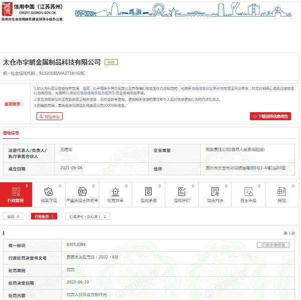 太仓市宇鹏金属制品科技有限公司违反《中华人民共和国安全生产法》被处罚Kaiyun 开云(图1)